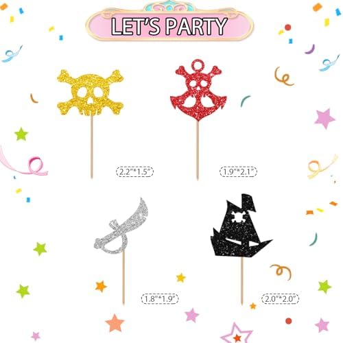 24pcs Pirate Cupcake Toppers, Pirate Birthday Cupcake Toppers, Nautical Sailing Skull Cupcake Picks for Baby Shower/1st Birthday Party Supplies
