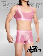 Men's Sexy Sleeveless Tank Top Oil Glossy Sissy Sheer Crop Top Workout Shiny Half Tops with Boxer Shorts Set