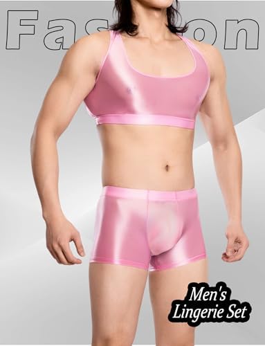 Men's Sexy Sleeveless Tank Top Oil Glossy Sissy Sheer Crop Top Workout Shiny Half Tops with Boxer Shorts Set