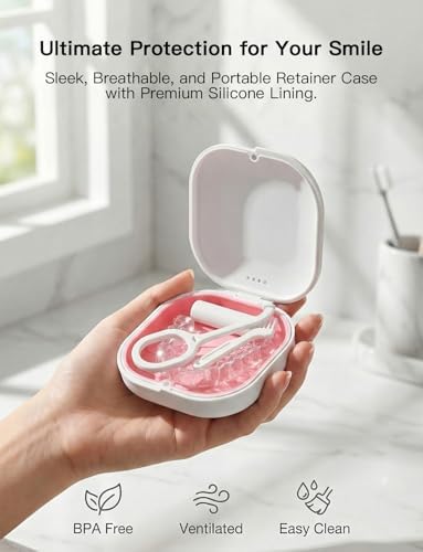Retainer Case with Vent Holes, Aligner Case for Invisalign, Portable Aligner Kit, Removable Silicone Liner, Orthodontic Storage Box Secure Magnetic Closure for Travel - White/Pink