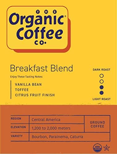 Organic Coffee Co. Breakfast Blend Ground Coffee 12 Ounce Medium Light Roast USDA Organic