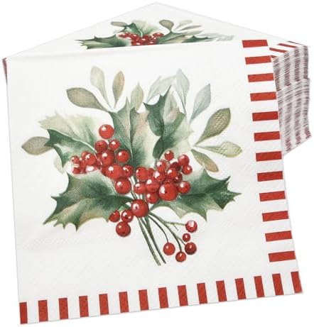 Gift Boutique 100 Count Christmas Berry Cocktail Napkins – Holiday Party Paper Napkins with Red Striped Border and Holly Berry Design for Winter Celebrations