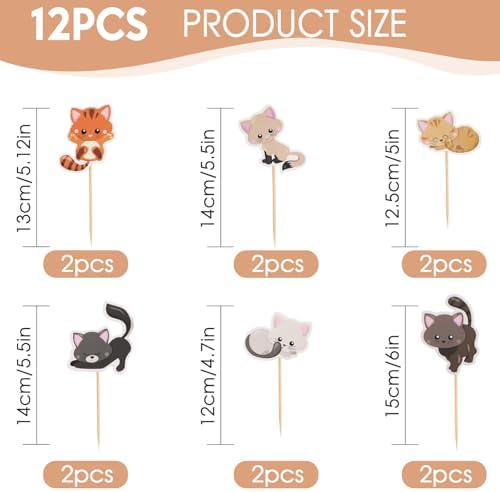 12Pcs Cat Cupcake Toppers - Cute Kitten Cake Decorations Party Cake Toppers for Cats Themed Birthday Parties Supplies,Baby Showers,Cat Lovers Gatherings