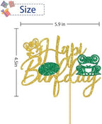 Frog Happy Birthday Cake Topper - Rainforest Birthday Cake Supplies - Hapi Burfday Baby Shower Party Decoration - Gold Glitter
