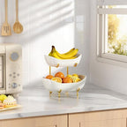 2 Tier Ceramic Fruit Bowl for Kitchen Counter – Fruit Basket with Gold Metal Stand, Holder for Snacks, Nuts, Cakes, Desserts, Bread, Candy Storage