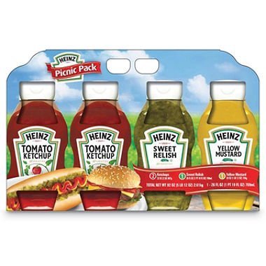 Heinz Squeeze 2 Tomato Ketchup 32oz & 1 Sweet Relish 26 floz & 1 Yellow Mustard 28oz Picnic Pack