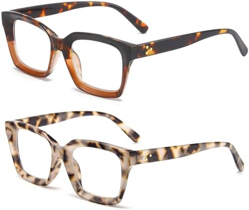 REAVEE 2 Pack Oprah Style Oversized Reading Glasses for Women Men Blue Light Blocking, Ladies Stylish Retro Square Large Computer Readers (Leopard/Tea Leopard 2.0x)
