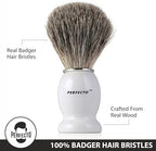 Perfecto 100% Pure Badger Shaving Brush-White Handle, Gift for Dad, Engineered for the Best Shave of Your Life. For Fathers Day Gift, Safety Razor, Double Edge Razor, Straight Razor, Shaving Razor