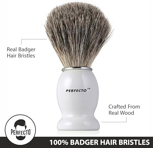 Perfecto 100% Pure Badger Shaving Brush-White Handle, Gift for Dad, Engineered for the Best Shave of Your Life. For Fathers Day Gift, Safety Razor, Double Edge Razor, Straight Razor, Shaving Razor