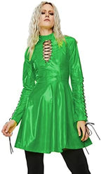 Women PVC Long Sleeve Dress Vinyl Hollow Out A-Line Dress High Waist Above Knee Mini Party Dress,Green,L