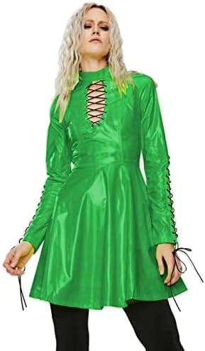 Women PVC Long Sleeve Dress Vinyl Hollow Out A-Line Dress High Waist Above Knee Mini Party Dress,Green,L