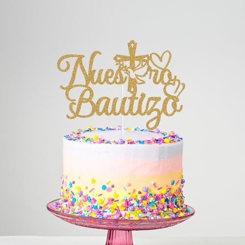 Nuestro Bautizo Cake Topper, Mi Primera Comunion Cake Topper, Baptism Christening First Communion Baby Shower Party Decorations Gold Glitter