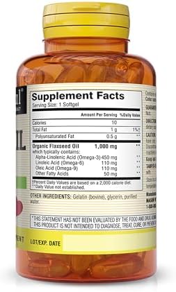 MASON NATURAL Flaxseed Oil 1000mg – Omega 3-6-9 Softgels for Heart Health – Cold-Pressed Whole Herb Supplement – Gluten-Free, Non-GMO, 100 Softgels