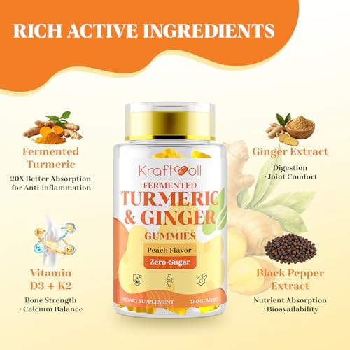Turmeric Curcumin with Ginger Gummies, Vegan Formula with Fermented Turmeric & Black Pepper, Joint Comfort & Mobility, Sugar-Free with Vitamin D3 + K2, Natural Peach Flavor – 150 Gummies (2 Bottles)