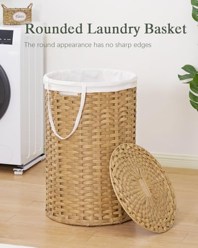 SETVSON Large Laundry Hamper Laundry Basket Round 34.3 Gal (130 L) Handwoven Wicker Laundry Baskets Rattan Laundry Basket with Laundry Bag Handles 2 Mesh Bags for Living Room Bedroom Natural