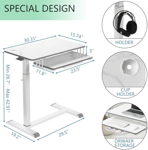 ETHU Overbed Table with Wheels, Medical Table with Drawer, Hospital Bed Table, Workstation Desk, Adjustable Overbed Bedside Rolling Laptop Desk, Marble White