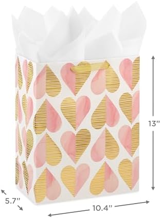 Hallmark 13" Large Gift Bag with Tissue Paper (Pink and Gold Hearts) for Valentine's Day, Bridal Showers, Weddings, Engagements