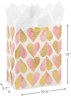 Hallmark 13" Large Gift Bag with Tissue Paper (Pink and Gold Hearts) for Valentine's Day, Bridal Showers, Weddings, Engagements