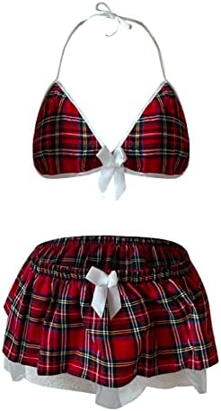 GOKKILRW Women School Girl Outfit Lingerie Sexy Schoolgirl Plaid Costume Bra Skirt Set Roleplay Valentine Naughty Outfit Slutty Nighties Clubwear Red