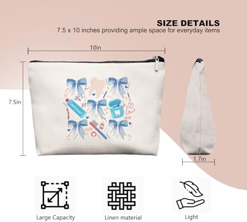 Smile Dental Care Makeup Bag, Cute Tooth & Bow Cosmetic Pouch for Dental Assistant Hygienist Dentist Gift for Women