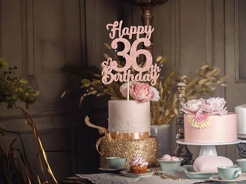 36 Birthday Cake Toppers-Rose Gold Glitter, Happy 36th Cake Topper for Men,36 Cake decorations For Women, 36 birthday decorations Thirty six