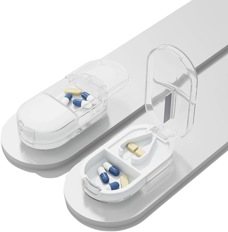Daily Pill Organizer Splitter, Small Pill Box Container, Cut Pills in 1/2, 1/4 with 2 Compartment Vitamin Tablet Case Dispenser for Medicine, Medication, Fish Oil, Supplement, Capsule, Clear