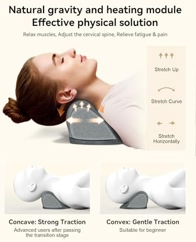 Heated Neck Stretcher for Pain Relief - Neck and Shoulder Relaxer Graphene Heated Cervical Traction Device Neck Pillow Corrector Chiropractic for TMJ Pain Relief and Cervical Spine Alignment Grey