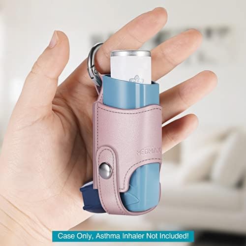 MEDMAX Asthma Inhaler Holder PU Leather Protective Travel Handy Mini Holster, Lightweight Carrying Case with Carabiner Clip, Inhaler Not Included (Case Only), Rose Gold