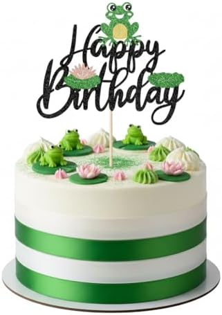 Glitter Frog Happy Birthday Cake Topper - Animal Theme Baby Shower & Gender Reveal Party Decorations
