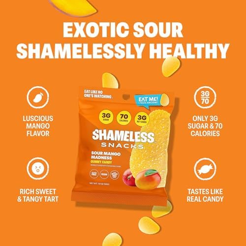 Shameless Snacks Sour Mango Madness - Sour Candy & Fruit Snacks, Tropical Mango Gummy Candy, Keto Snacks in Bulk, 3g Sugar Gluten Free Vegan for Adults