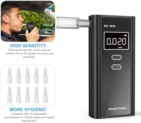 Homealexa Breathalyzer for Alcohol, Portable Alcohol Tester with Digital BAC Display, High Accuracy Sensor, 3-5s Fast Test, Personal Breathalyzer with 10 Mouthpieces for Home Party Use