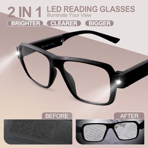 USB Rechargeable LED Reading Glasses, Lighted Hands-Free Readers for Seniors to Read in Dark