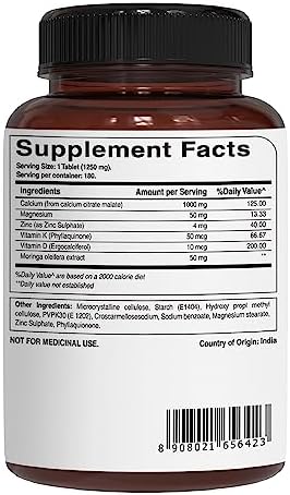 Pure Nutrition Ultra Calcium Citrate 1000mg Highly absorbable Calcium Supplement with Calcium Citrate Malate, Vitamin D, Zinc and Magnesium - 1 Tablet Daily (180 Veg Tabs) Non-GMO | Gluten-Free