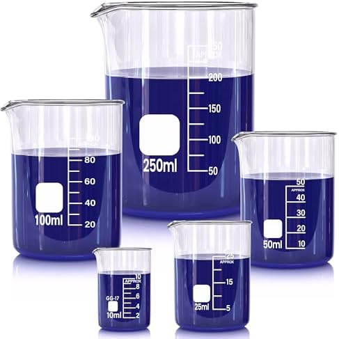 Glass Beakers Set, 5 Sizes - 10ml, 25ml, 50ml, 100ml, 250ml, 3.3 Borosilicate Beaker for Laboratories, Classrooms or Home, Griffin Low Form Lab Beakers