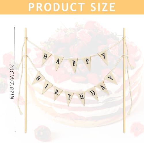 Beige Handmade Happy Birthday Cake Toppers - Banner, Topper, Garland, Sign & Bouquet Topper With Wood Pole