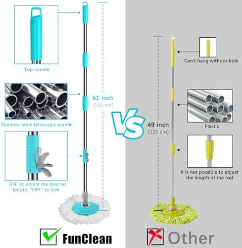 FunClean Spin Mop and Bucket,Mop and Bucket with Wringer Set for Home,360 Spinning Mopping Floor Cleaning Tool with 6 Microfiber Replacement Head Refills,61" Extended Handle, 2X Wheel - Blue