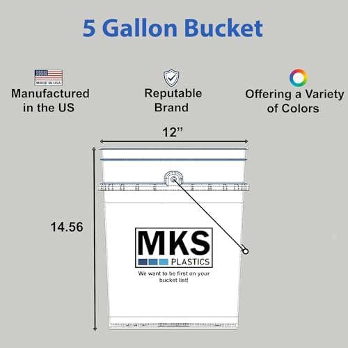 MKS Plastics 5-Gallon Bucket Only – No Lid Included, Made in USA, Food Grade BPA Free Plastic, Heavy Duty Multi-Use, Metal Handle with Grip, Stackable Storage – Black, 3 Pack