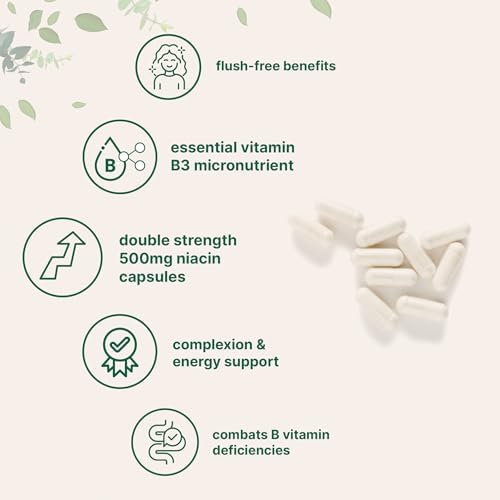 Micro Ingredients Niacin 500mg Per Serving, 400 Capsules | Flush Free B3 Vitamins | Double Strength Essential B Vitamin Supplement | Skin Care Health & Energy Support | Non-GMO, Gluten Free