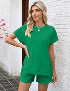LOMON Womens Fashion 2 Piece Outfits Sweatsuits 2026 Summer Short Sleeve Loungewear Tracksuit Round Neck Lounge Shorts Sets