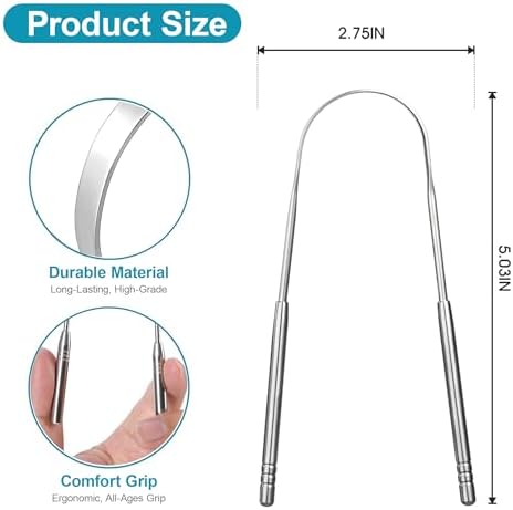 2 Pack Metal Tongue Scraper, Stainless Steel Tongue Cleaning Tool Set, Reusable Manual Design for Daily Oral Care, Non Slip Grip, Family Size Tongue Cleaner Kit