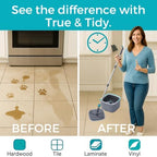 TRUE & TIDY Square Spin Mop & Bucket System – Dual Chamber for Clean & Dirty Water, 360° Rotating Self-Wringing Mop with Built-in Scrub Brush, Stainless Steel Handle & 2 Reusable Microfiber Mop Pads
