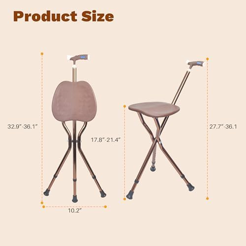 UNLICON-Brown Folding Cane Stool with Seat – Lightweight Adjustable Walking Cane for Seniors, Ergonomic Design, 330 lbs Capacity, Portable and Convenient Cane Chair with Anti-Slip Feet