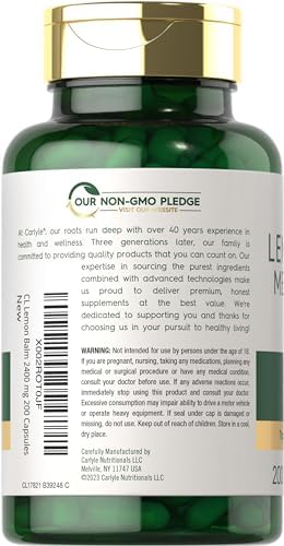 Carlyle Lemon Balm Capsules | 200 Count | Non-GMO and Gluten Free Formula | Melissa Leaf Traditional Herbal Supplement | Super Concentrated Extract