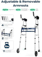 Narrow Walker Folding Upright Walker - with Removable Armrests, 450LBS Heavy Duty, Width & Height Adjustable Narrow Walkers for Seniors, Disabled, Bariatric
