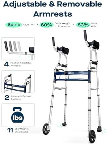 Narrow Walker Folding Upright Walker - with Removable Armrests, 450LBS Heavy Duty, Width & Height Adjustable Narrow Walkers for Seniors, Disabled, Bariatric