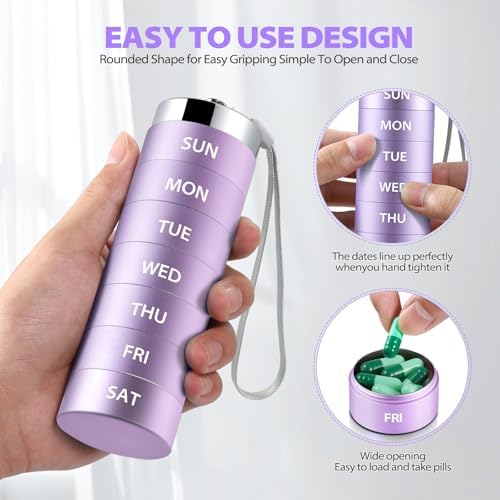 Large Weekly Pill Organizer, Metal Travel Pill Box, Portable Aluminum Alloy Waterproof Container, 7 Day Daily Medicine Organizer Holder for Vitamin, Fish Oil, Supplement, Purple