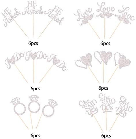 36 Pack He Asked She Said Yes Cupcake Toppers Glitter Love Heart I do Ring Bridal Shower Cake Food Picks Decorations for Wedding Engagement Theme Party Supplies Silver