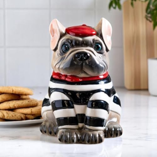 Pacific Giftware Le French Bulldog Cookie Jar, Ceramic, Black and White Striped Shirt, Kitchen Decor, Storage Accessory