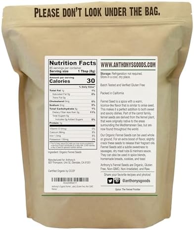 Anthony's Organic Fennel Seeds, 1.5 lb, Whole Seeds, Non-Irradiated, Gluten-Free, Non-GMO