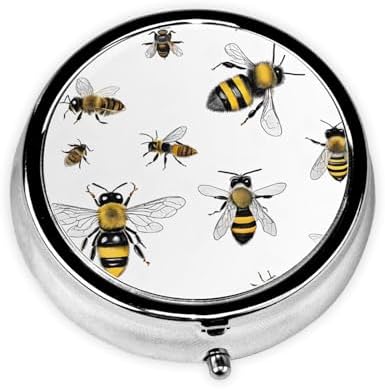 (Funny Bees) Round Pill Box,3 Compartment Pill Box Mini Decorative Pocket Purse Portable Travel Medicine Tablet Vitamin Holder Organizer Pill Case